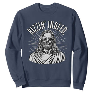 Funny Religious Christian Jesus Meme Sweatshirt Rizzin Indeed TS11 Navy Print Your Wear
