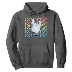 Funny Rock The Test Teacher Testing Day Hoodie Rock And Roll Hand Sign TS11 Dark Heather Print Your Wear