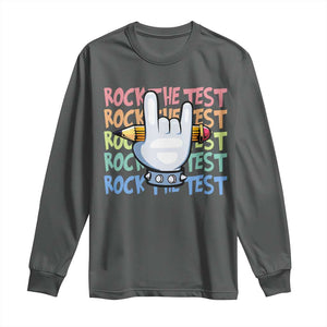 Funny Rock The Test Teacher Testing Day Long Sleeve Shirt Rock And Roll Hand Sign TS11 Dark Heather Print Your Wear