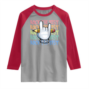 Funny Rock The Test Teacher Testing Day Raglan Shirt Rock And Roll Hand Sign TS11 Sport Gray Red Print Your Wear
