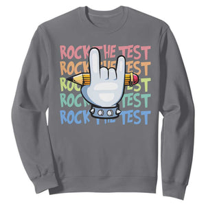 Funny Rock The Test Teacher Testing Day Sweatshirt Rock And Roll Hand Sign TS11 Charcoal Print Your Wear