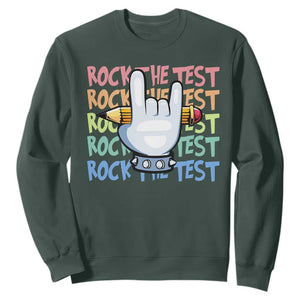 Funny Rock The Test Teacher Testing Day Sweatshirt Rock And Roll Hand Sign TS11 Dark Forest Green Print Your Wear