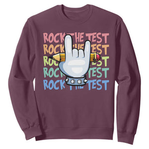 Funny Rock The Test Teacher Testing Day Sweatshirt Rock And Roll Hand Sign TS11 Maroon Print Your Wear