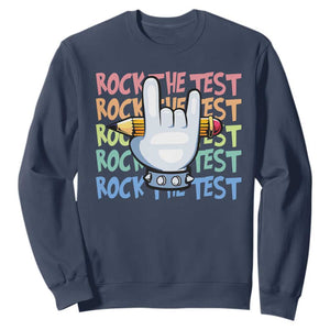 Funny Rock The Test Teacher Testing Day Sweatshirt Rock And Roll Hand Sign TS11 Navy Print Your Wear