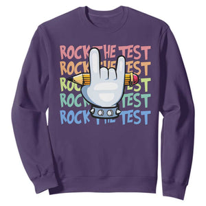 Funny Rock The Test Teacher Testing Day Sweatshirt Rock And Roll Hand Sign TS11 Purple Print Your Wear