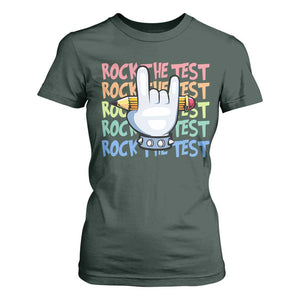 Funny Rock The Test Teacher Testing Day T Shirt For Women Rock And Roll Hand Sign TS11 Dark Forest Green Print Your Wear