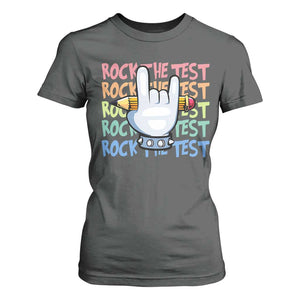 Funny Rock The Test Teacher Testing Day T Shirt For Women Rock And Roll Hand Sign TS11 Dark Heather Print Your Wear