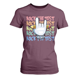 Funny Rock The Test Teacher Testing Day T Shirt For Women Rock And Roll Hand Sign TS11 Maroon Print Your Wear