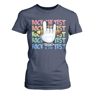 Funny Rock The Test Teacher Testing Day T Shirt For Women Rock And Roll Hand Sign TS11 Navy Print Your Wear