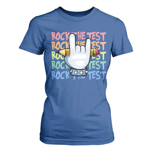 Funny Rock The Test Teacher Testing Day T Shirt For Women Rock And Roll Hand Sign TS11 Royal Blue Print Your Wear