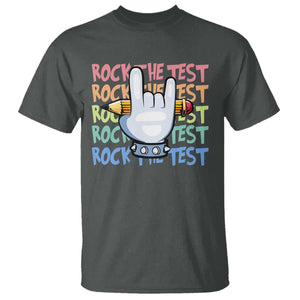 Funny Rock The Test Teacher Testing Day T Shirt Rock And Roll Hand Sign TS11 Dark Heather Print Your Wear