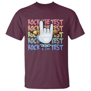 Funny Rock The Test Teacher Testing Day T Shirt Rock And Roll Hand Sign TS11 Maroon Print Your Wear