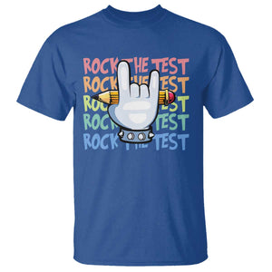 Funny Rock The Test Teacher Testing Day T Shirt Rock And Roll Hand Sign TS11 Royal Blue Print Your Wear