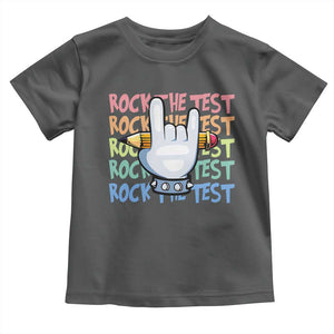 Funny Rock The Test Teacher Testing Day Toddler T Shirt Rock And Roll Hand Sign TS11 Dark Heather Print Your Wear