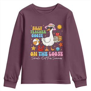 Funny School's Out For Summer Teacher Youth Sweatshirt Silly Teacher Goose On The Loose Summer Break TS11 Maroon Print Your Wear