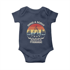 Funny Scout Baby Onesie Once A Scout Always A Pyromaniac Adventure Retro TS02 Navy Print Your Wear