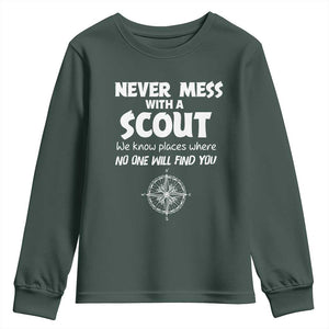 Funny Scout Youth Sweatshirt Never Mess With A Scout Compass TS02 Dark Forest Green Print Your Wear