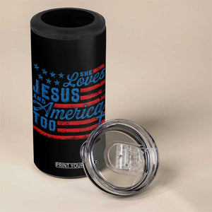 Funny She Loves Jesus And America Too 4 in 1 Can Cooler Tumbler 4th Of July Christian American Flag TS11 Print Your Wear
