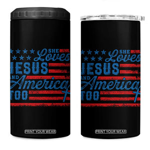 Funny She Loves Jesus And America Too 4 in 1 Can Cooler Tumbler 4th Of July Christian American Flag TS11 One Size: 16 oz Black Print Your Wear