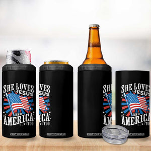 Funny She Loves Jesus And America Too 4 in 1 Can Cooler Tumbler 4th Of July Patriotic Christian American Flag TS11 Print Your Wear