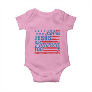 Funny She Loves Jesus And America Too Baby Onesie 4th Of July Christian American Flag TS11 Light Pink Print Your Wear