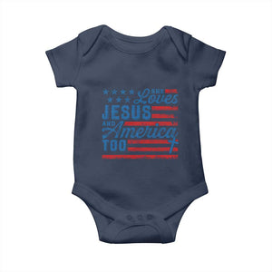 Funny She Loves Jesus And America Too Baby Onesie 4th Of July Christian American Flag TS11 Navy Print Your Wear