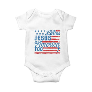 Funny She Loves Jesus And America Too Baby Onesie 4th Of July Christian American Flag TS11 White Print Your Wear