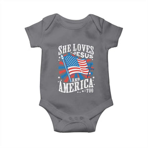 Funny She Loves Jesus And America Too Baby Onesie 4th Of July Patriotic Christian American Flag TS11 Charcoal Print Your Wear