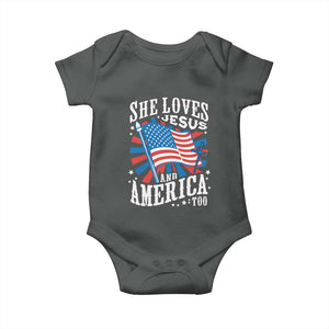 Funny She Loves Jesus And America Too Baby Onesie 4th Of July Patriotic Christian American Flag TS11 Dark Heather Print Your Wear