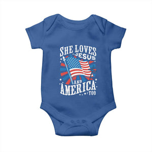 Funny She Loves Jesus And America Too Baby Onesie 4th Of July Patriotic Christian American Flag TS11 Royal Blue Print Your Wear