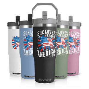 Funny She Loves Jesus And America Too Flip Straw Tumbler 4th Of July Patriotic Christian American Flag TS11 Print Your Wear