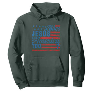 Funny She Loves Jesus And America Too Hoodie 4th Of July Christian American Flag TS11 Dark Forest Green Print Your Wear