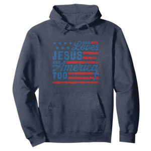 Funny She Loves Jesus And America Too Hoodie 4th Of July Christian American Flag TS11 Navy Print Your Wear