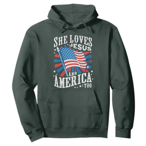 Funny She Loves Jesus And America Too Hoodie 4th Of July Patriotic Christian American Flag TS11 Dark Forest Green Print Your Wear