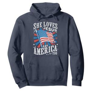 Funny She Loves Jesus And America Too Hoodie 4th Of July Patriotic Christian American Flag TS11 Navy Print Your Wear