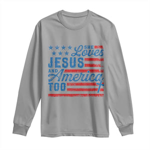 Funny She Loves Jesus And America Too Long Sleeve Shirt 4th Of July Christian American Flag TS11 Sport Gray Print Your Wear