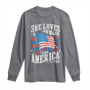 Funny She Loves Jesus And America Too Long Sleeve Shirt 4th Of July Patriotic Christian American Flag TS11 Charcoal Print Your Wear