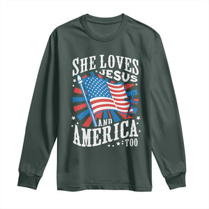 Funny She Loves Jesus And America Too Long Sleeve Shirt 4th Of July Patriotic Christian American Flag TS11 Dark Forest Green Print Your Wear