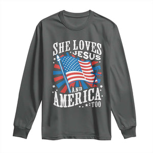 Funny She Loves Jesus And America Too Long Sleeve Shirt 4th Of July Patriotic Christian American Flag TS11 Dark Heather Print Your Wear