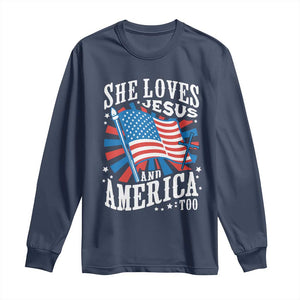 Funny She Loves Jesus And America Too Long Sleeve Shirt 4th Of July Patriotic Christian American Flag TS11 Navy Print Your Wear