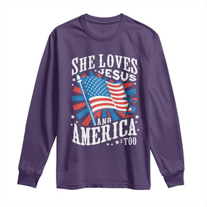 Funny She Loves Jesus And America Too Long Sleeve Shirt 4th Of July Patriotic Christian American Flag TS11 Purple Print Your Wear