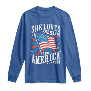 Funny She Loves Jesus And America Too Long Sleeve Shirt 4th Of July Patriotic Christian American Flag TS11 Royal Blue Print Your Wear