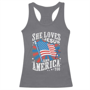 Funny She Loves Jesus And America Too Racerback Tank Top 4th Of July Patriotic Christian American Flag TS11 Charcoal Print Your Wear