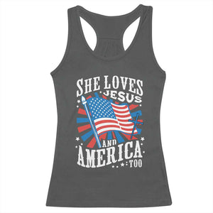 Funny She Loves Jesus And America Too Racerback Tank Top 4th Of July Patriotic Christian American Flag TS11 Dark Heather Print Your Wear