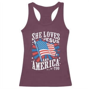 Funny She Loves Jesus And America Too Racerback Tank Top 4th Of July Patriotic Christian American Flag TS11 Maroon Print Your Wear