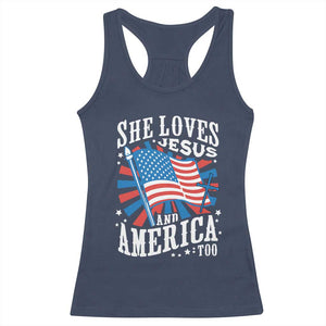 Funny She Loves Jesus And America Too Racerback Tank Top 4th Of July Patriotic Christian American Flag TS11 Navy Print Your Wear