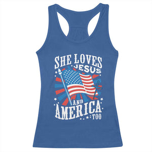 Funny She Loves Jesus And America Too Racerback Tank Top 4th Of July Patriotic Christian American Flag TS11 Royal Blue Print Your Wear