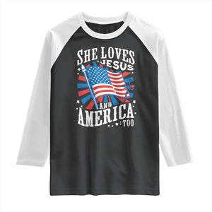 Funny She Loves Jesus And America Too Raglan Shirt 4th Of July Patriotic Christian American Flag TS11 Black White Print Your Wear