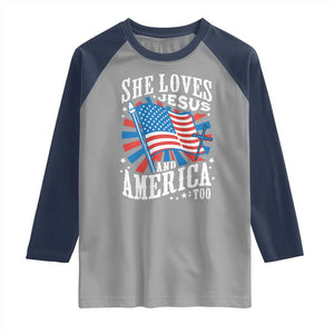 Funny She Loves Jesus And America Too Raglan Shirt 4th Of July Patriotic Christian American Flag TS11 Sport Gray Navy Print Your Wear