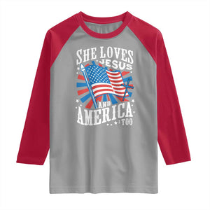 Funny She Loves Jesus And America Too Raglan Shirt 4th Of July Patriotic Christian American Flag TS11 Sport Gray Red Print Your Wear